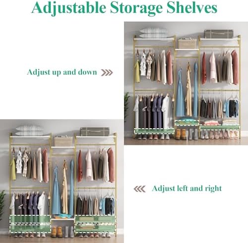 White/Gold Wall Mount Clothes Rack with 5 Hanging Rods, 6 Storage Shelves