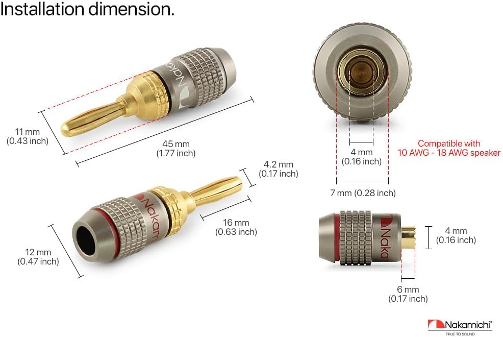 Nakamichi FanLock Excel Series 24k Gold Plated Banana Plugs, 10-18 AWG