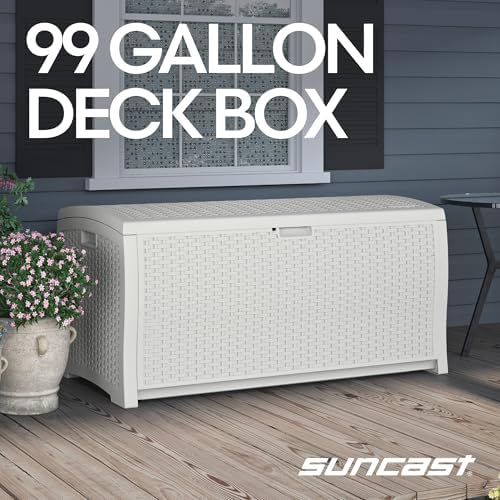 Suncast 99 Gallon Wicker Horizontal Outdoor Deck Box with Hinged Lid, Water-R...