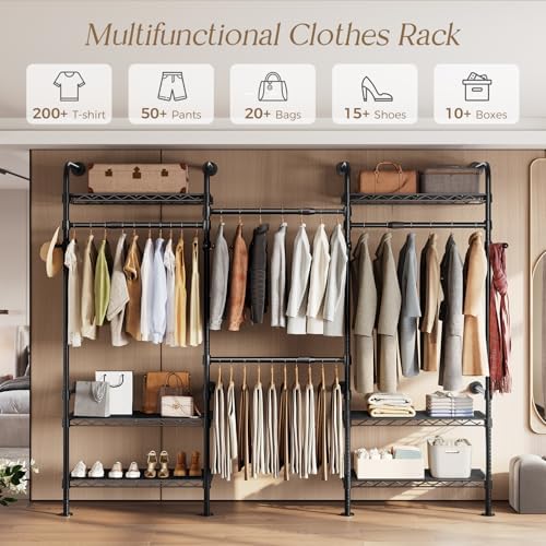 Wall Mounted Closet System, Heavy Duty 3-Row Clothes Rack, Expandable Industr...