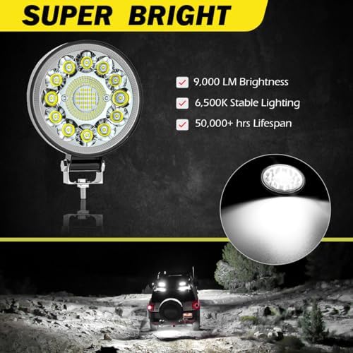 4 Inch Round LED Spot Light, 12V 24V LED Tractor Light 99W Offroad Driving Fo...