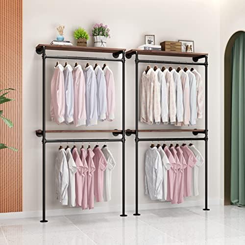 DR.IRON Industrial Pipe Clothing Racks with 2 Tier Shelves, Wall Mounted Blac...