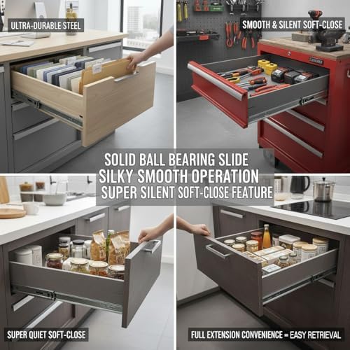 Soft Close 22" Drawer Slides, Full Extension Side Mount, 10 Pairs