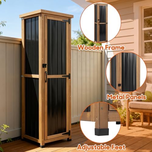 Outdoor Storage Cabinet, Wood & Metal Storage Shed with Weatherproof Roof...