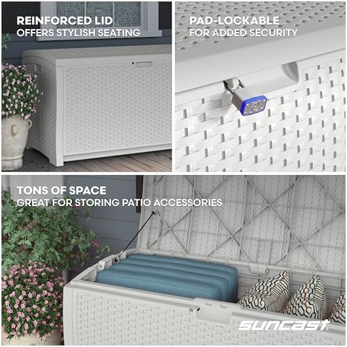 Suncast 99 Gallon Wicker Horizontal Outdoor Deck Box with Hinged Lid, Water-R...