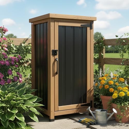 Small Outdoor Storage Cabinet, Wood & Metal Storage Shed with Weatherproo...