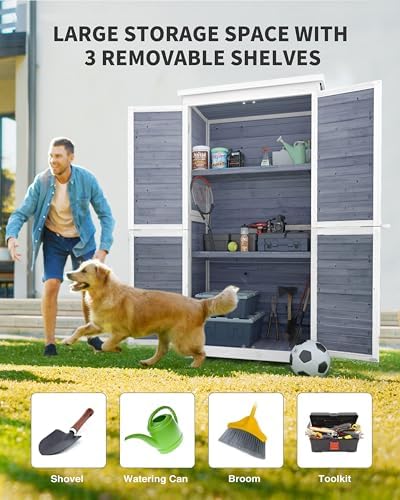 Gizoon Outdoor Storage Cabinet with 3 Shelves, Double Lockable Wooden Shed