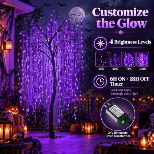 7 FT Halloween Lighted Willow Tree 256 LED Purple Lights Artificial Weeping W...