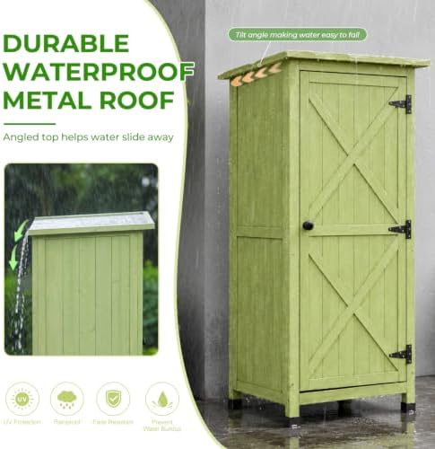 Wooden Outdoor Storage Cabinet, Vertical Garden Tool Shed with Waterproof Met...