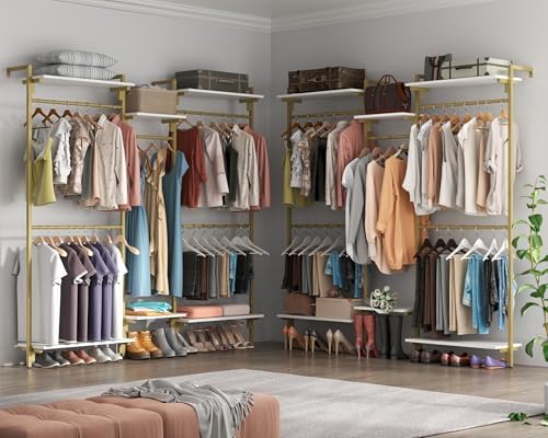 White/Gold Wall Mount Clothes Rack with 5 Hanging Rods, 6 Storage Shelves