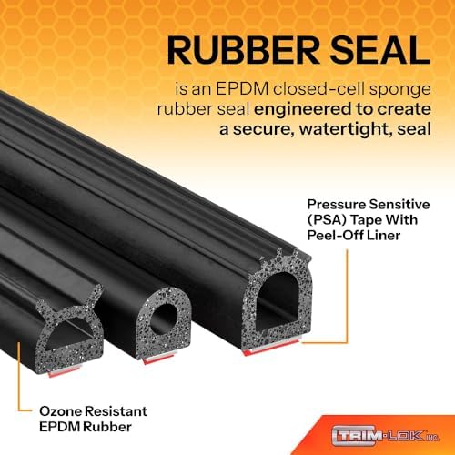 TRIM-LOK D-Shaped Rubber Seal with High Tack Tape, 0.36-Inch Height, 0.625-In...