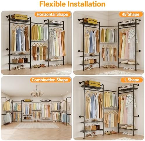 Higeego W3 Wall Mounted Clothes Rack, Industrial Pipe Clothing Rack, Black