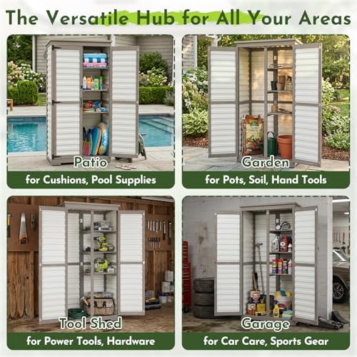Tall Outdoor Storage Cabinet with Adjustable Shelves, White Plastic & Woo...