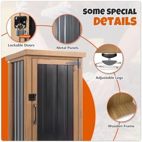 Small Outdoor Storage Cabinet, Wood & Metal Storage Shed with Weatherproo...