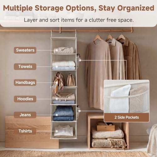 StorageWorks Hanging Closet Organizer, 6-Shelf with 2-in-1 Design, Ivory