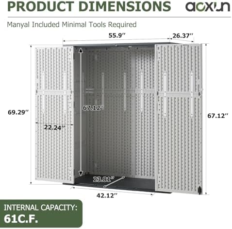 Aoxun 61 Cu.Ft Outdoor Storage Shed, Widened Outdoor Storage Cabinet Waterpro...