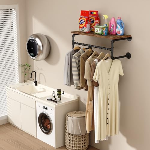 Clothes Rack Wall Mounted, 29.1in Shelf with Hanging Rod, Industrial Pipe Clo...