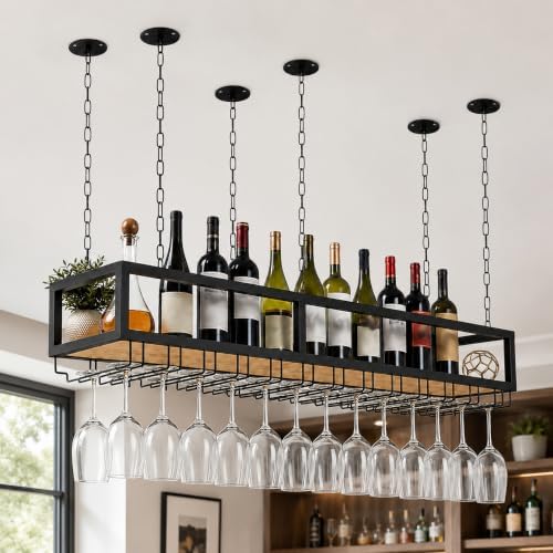 Ceiling Wine Glass Rack with Glass Holder, 31.4in Metal Hanging Bar Shelf
