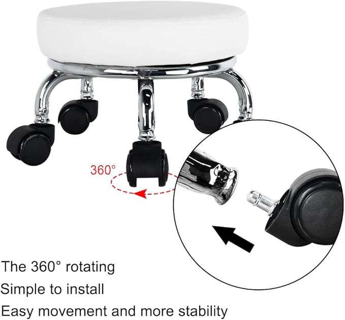 Modern Roller Seat PU Leather Low Round Rolling Stool 360 Swivel Small Stool