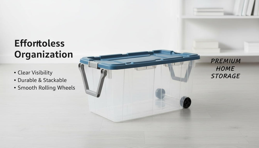 160 Quart Extra Large Clear Rolling Storage Bins 2-Pack, Blue Heavy-Duty Plas...