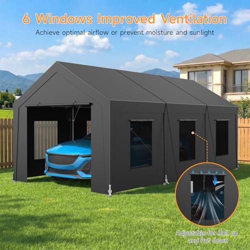 Carport Heavy Duty, Car Port with Reinforced Steel Frame and 6 Roll-up Window...