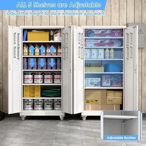 71"H rolling steel cabinet with 5 adjustable shelves, pegboard,White