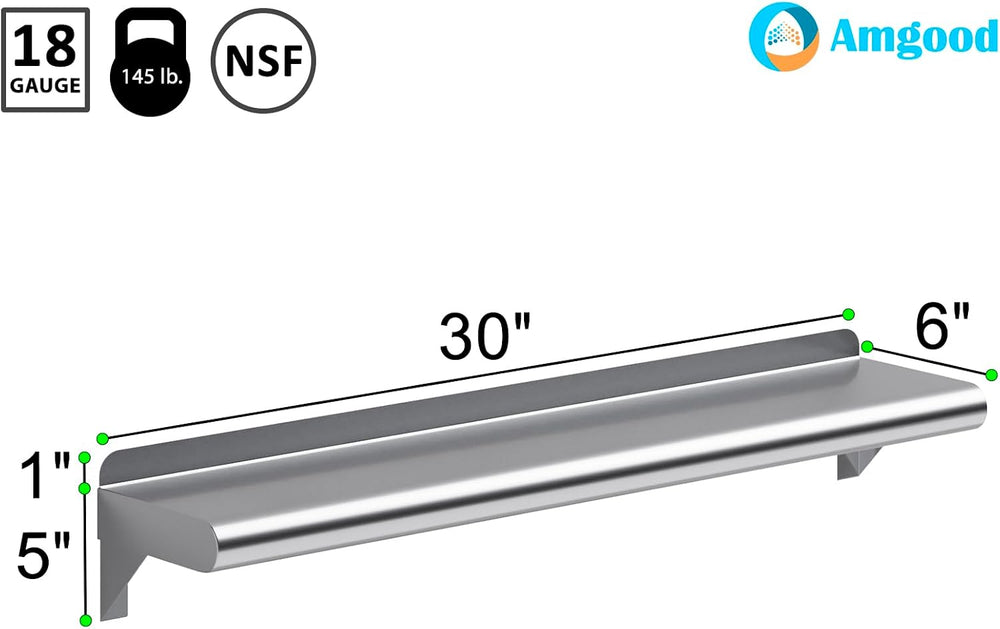 AmGood 6 in. x 30 in. Stainless Steel Wall Shelf with Backsplash - Holds 145 ...