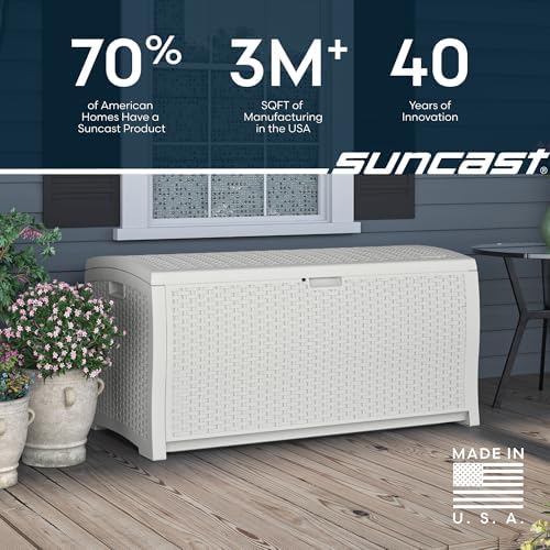 Suncast 99 Gallon Wicker Horizontal Outdoor Deck Box with Hinged Lid, Water-R...