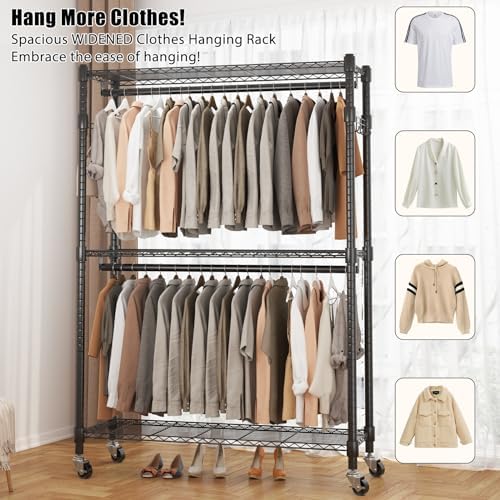 BATHWA Heavy Duty Rolling Clothes Rack with Wheels, 640 lb Hanger Rack & ...