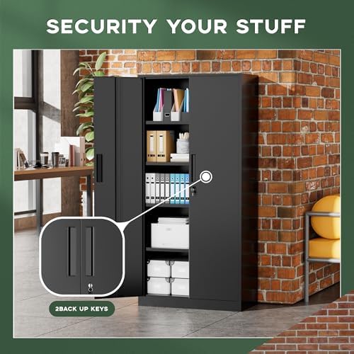 Greenvelly Metal Cabinet, 72โ Black Tool Steel Locking Cabinet with Doors and...