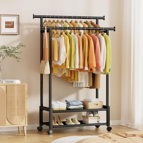Double Rod Clothing Rack with 2 Shelves, Rolling, Black