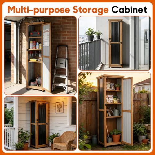 Outdoor Storage Cabinet, Wood & Metal Storage Shed with Weatherproof Roof...