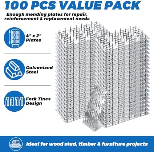 100 Pack Truss Plates Pronged Flat Mending Plate, 4 x 2 in, 9mm Teeth