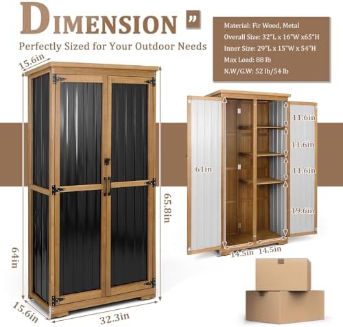 Outdoor Storage Cabinet, Wood & Metal Storage Shed with Weather-Resistant...