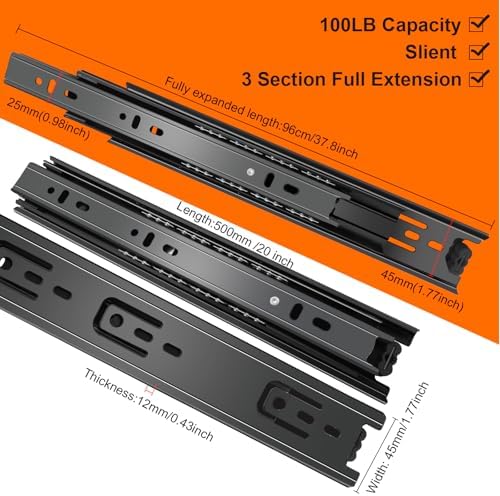 20 inch Drawer Slides 4 Pairs (8pcs) 3 fold Full Extension Side Mount Cabinet...