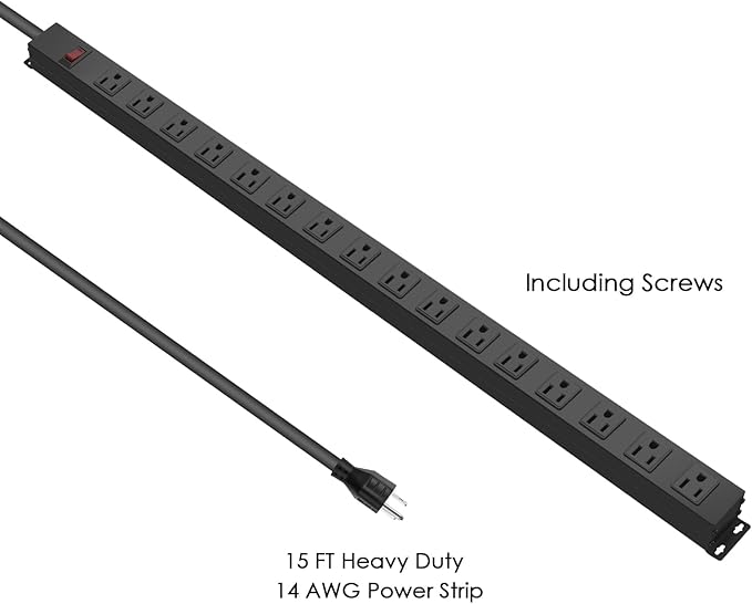 HHSOET 16-Outlet Metal Wall Mount Power Strip, 15 ft 14AWG Power Cord, 15A 125V