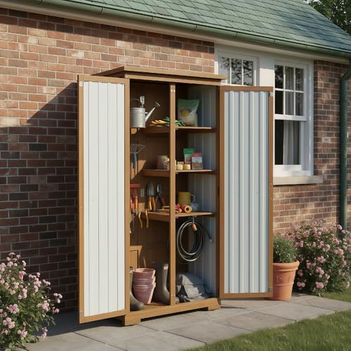 Outdoor Storage Cabinet, Wood & Metal Storage Shed with Weather-Resistant...