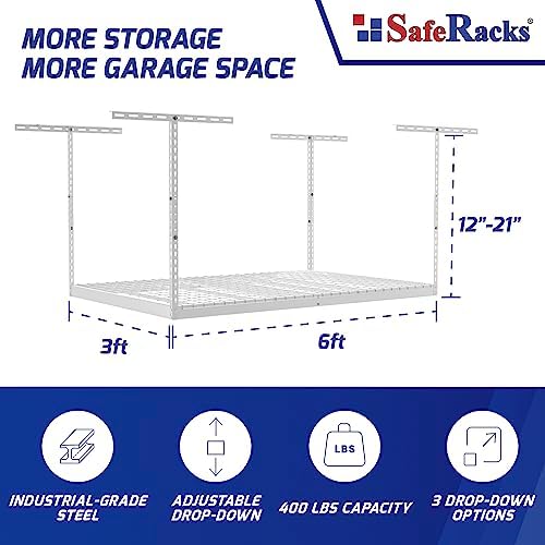 SafeRacks 3x6 Overhead Garage Storage Rack, White, 12"-21" Height