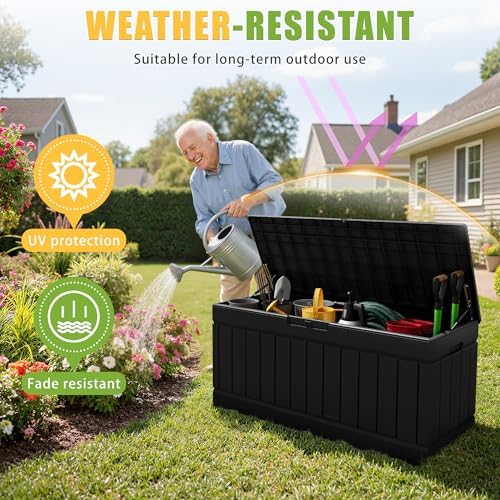 Greesum Outdoor Storage Box 82 Gallon Storage Bin with Lid for Patio Furnitur...