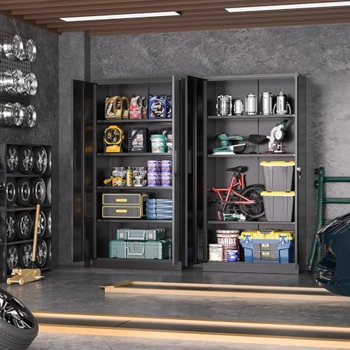 Greenvelly Metal Cabinet, 72โ Black Tool Steel Locking Cabinet with Doors and...