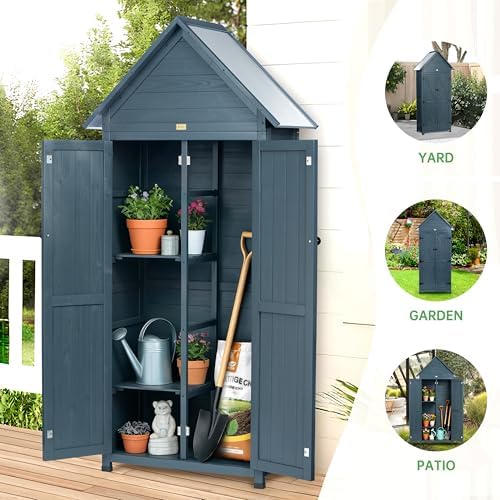 Outdoor Storage Shed with Floor & Adjustable Shelves, Wooden Garden Tool ...