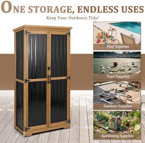 Outdoor Storage Cabinet, Wood & Metal Storage Shed with Weather-Resistant...