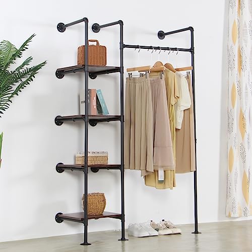 Industrial Pipe Clothing Rack with Shelves, 71inch Wall Mounted Closet Storag...