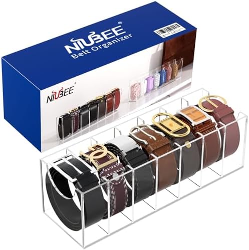 NIUBEE Belt Organizer for Closet, Acrylic Belt Box, Belt Storage, 7 Grids