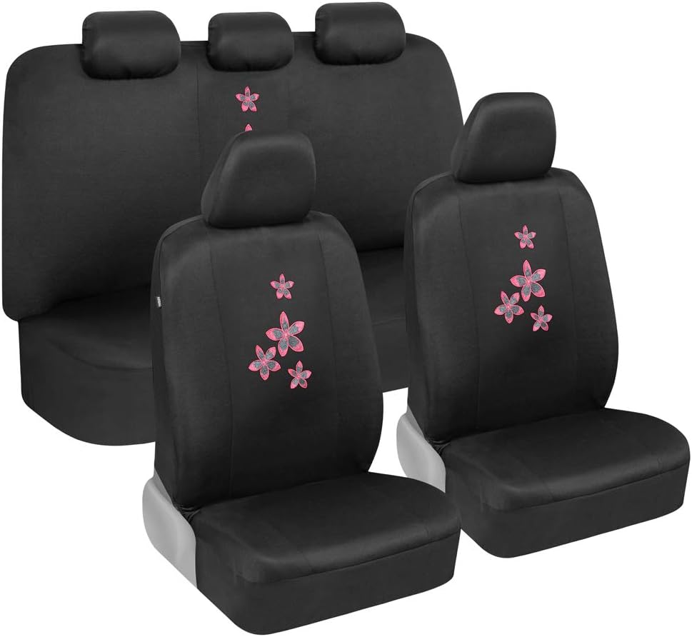 BDK Pink Floral Flower Print Car Seat Covers, Full Set with Steering Wheel Co...