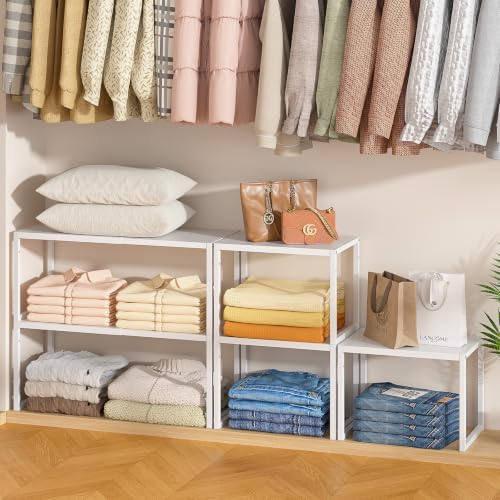 ThreeHio 2 Pack Stackable Closet Organizers and Storage Shelves, Expandable M...