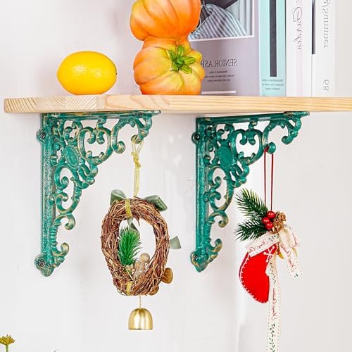Sungmor Vintage Cast Iron Shelf Brackets - 2 Pack 7.7 Inch Rustic Green