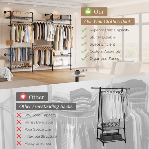 Closet Organizers Wall Mounted Closet System, 3-Row Heavy Duty Garment Clothe...