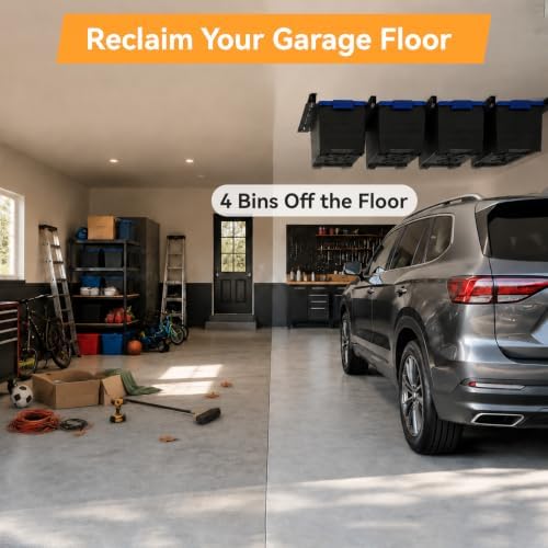 Garage Ceiling Storage Racks for 4 Bins, 17" Heavy Duty Steel Rails, Ove...