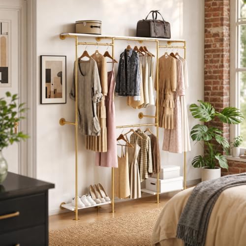 KaKaBB Industrial Pipe Clothing Rack with Shelves, Wall Mounted Gold Corner C...